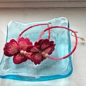 Pink Floral Beaded Hoop Earrings